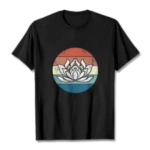 Black sacred lotus sunset vintage Buddhist t-shirt front flat lay display with retro striped design