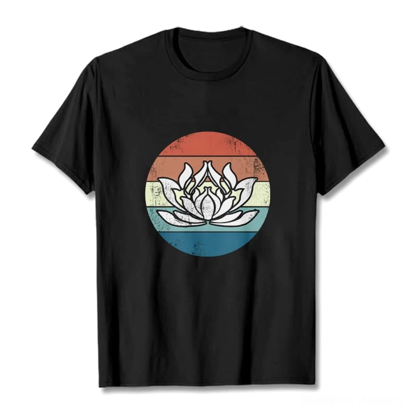 Black sacred lotus sunset vintage Buddhist t-shirt front flat lay display with retro striped design
