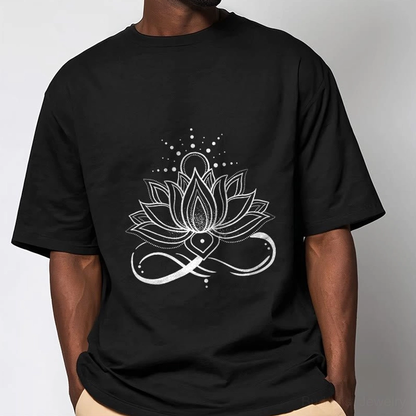 Black Buddhist graphic t-shirt on male model showing crew neck and white lotus infinity print design