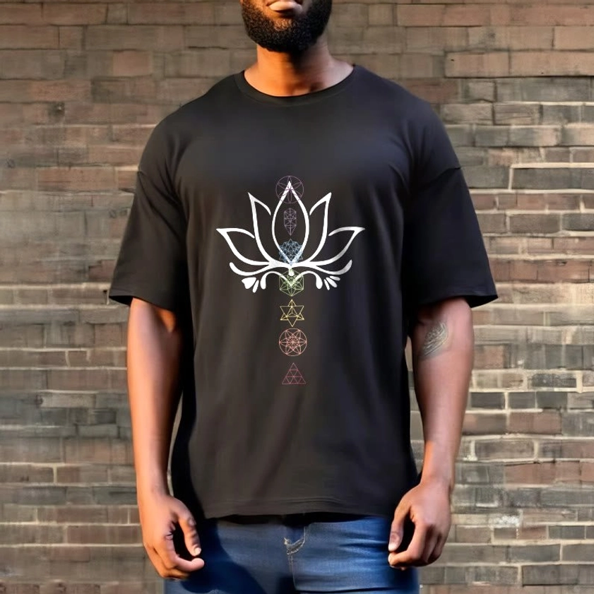 Outdoor styling black sacred lotus t-shirt with denim jeans brick wall background