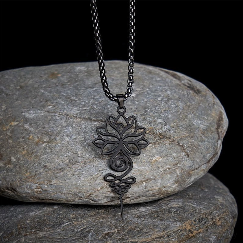 Black stainless steel lotus unalome chakra necklace showing polished matte finish and spiritual symbolism for inner peace