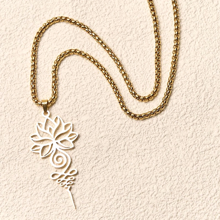 Black lotus unalome chakra necklace pendant featuring hollow filigree design and spiritual enlightenment symbolism
