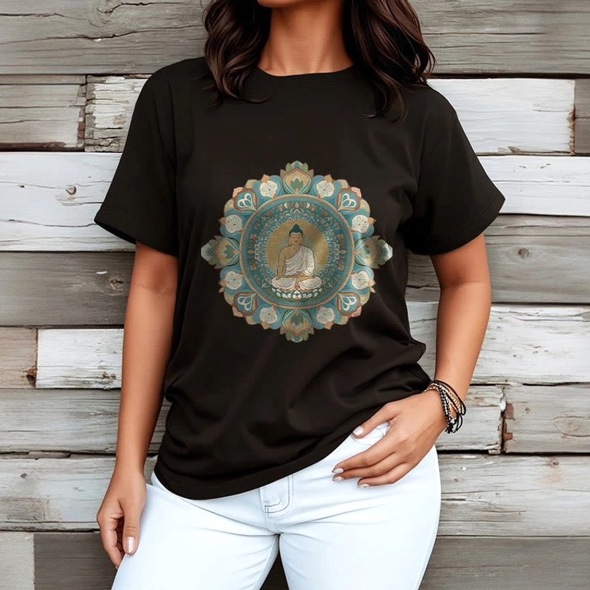 Black mandala buddha t-shirt on female model outdoor wooden backdrop casual styling