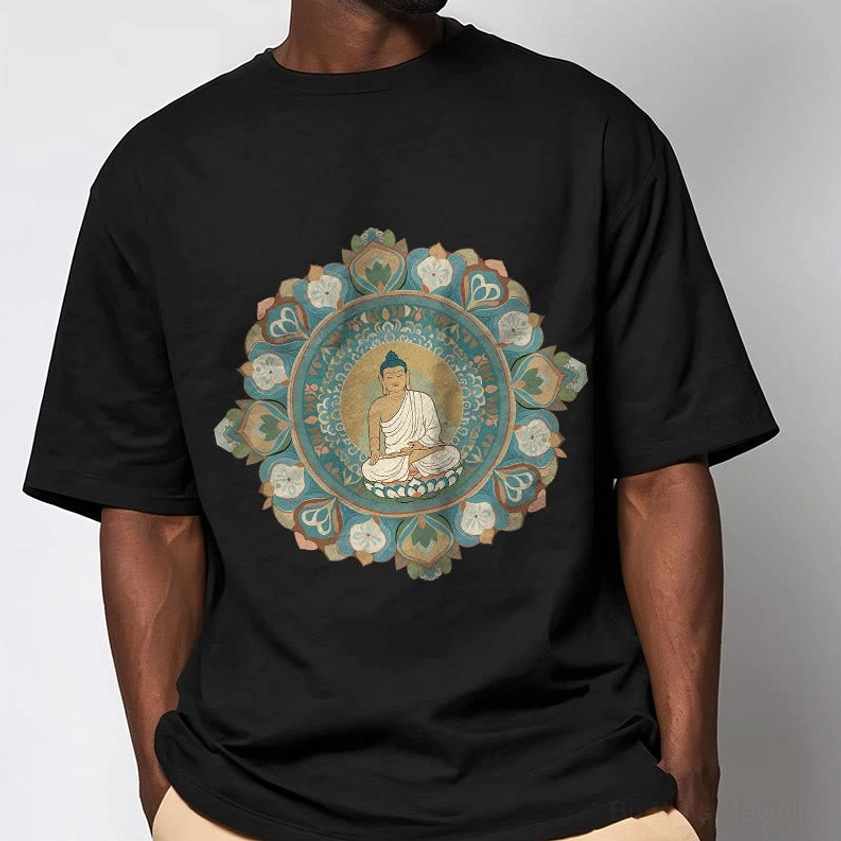 Black buddha mandala print t-shirt on male model daily wear relaxed regular fit