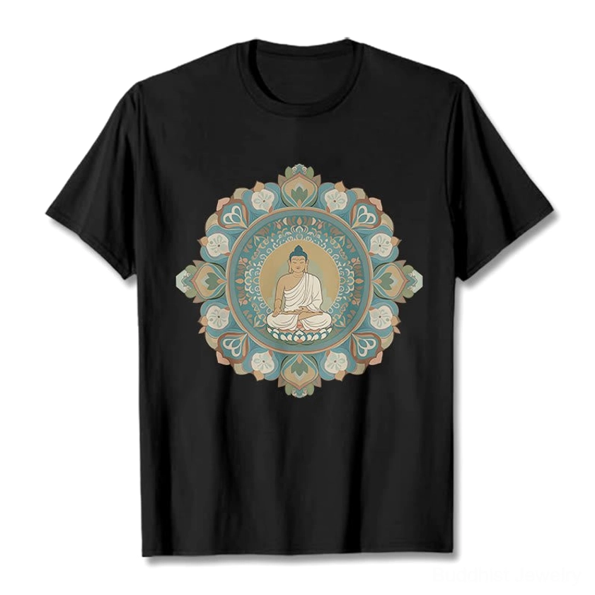Black mandala buddha printed tee flat lay front view with intricate detail sacred geometry