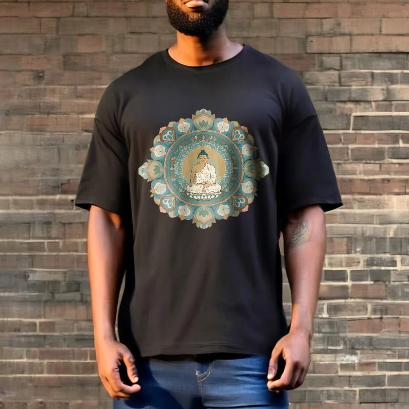 Dark black buddha mandala tee on male model street style brick wall background