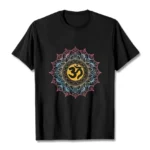 Black OM mandala graphic tee flat lay front view, gradient mandala design with golden OM symbol