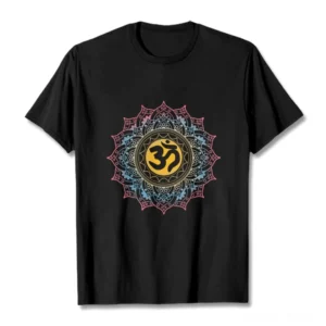 Black OM mandala graphic tee flat lay front view, gradient mandala design with golden OM symbol