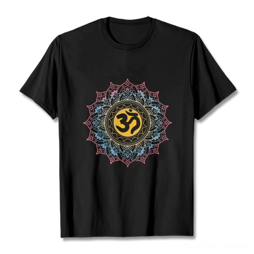 Black OM mandala graphic tee flat lay front view, gradient mandala design with golden OM symbol