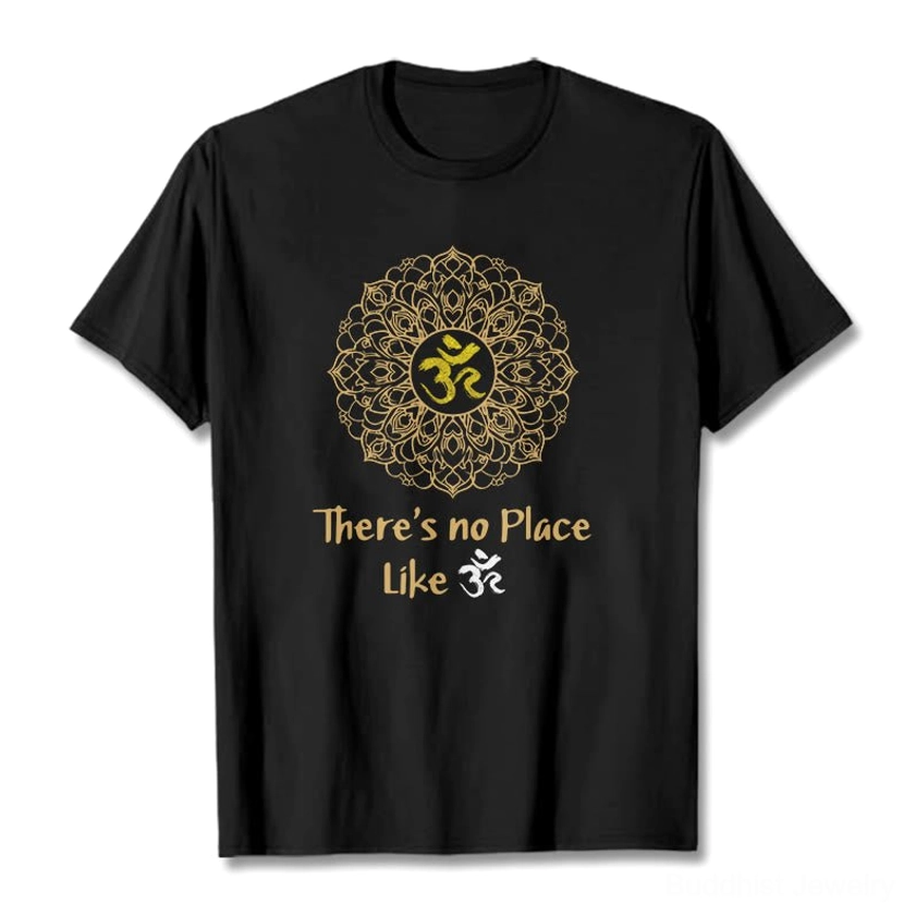 Black Buddhist mandala Om t-shirt with gold sacred symbol print, flat lay front view on clean background