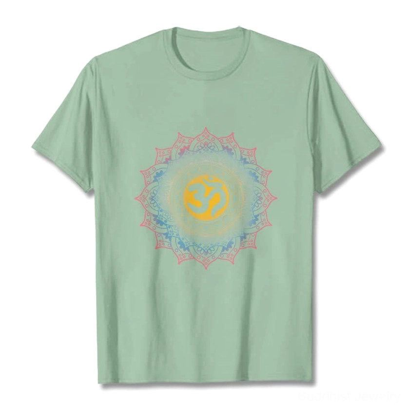 Black OM mandala Buddhist tee lifestyle flat lay, wearable meditation graphic art print