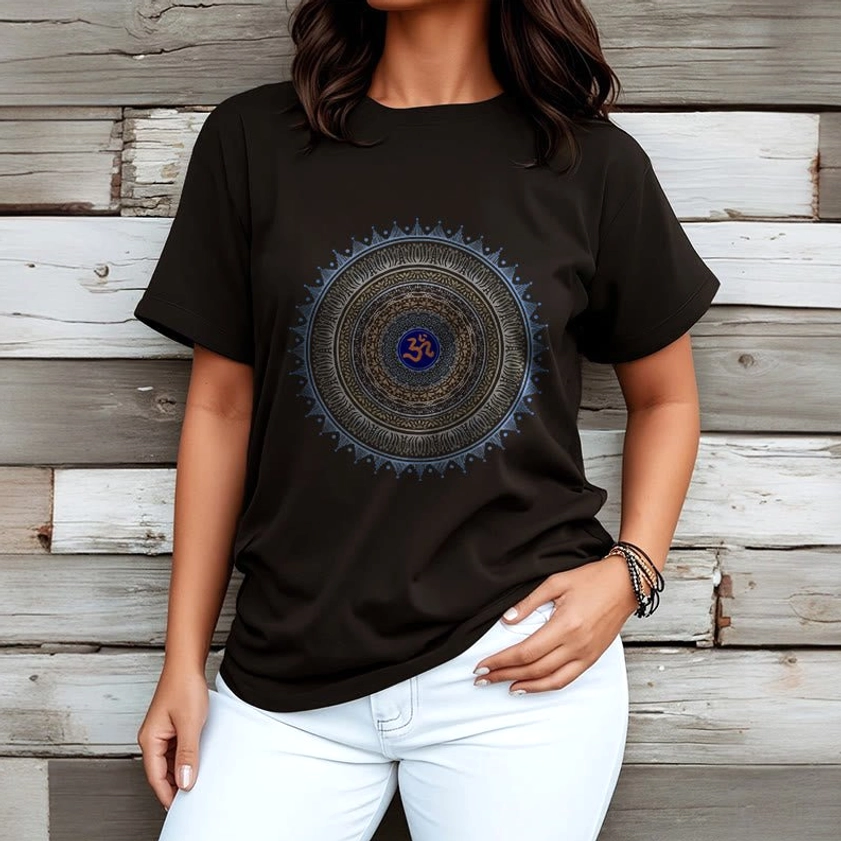 Women's fitted black mandala t-shirt with sacred OM symbol, crew neck Buddhist graphic design