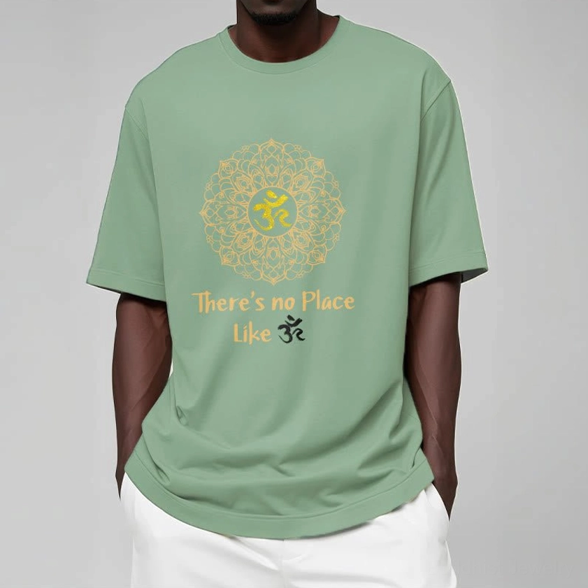 Black Buddhist mandala Om tee back view detail showing gold sacred symbol print and fabric quality