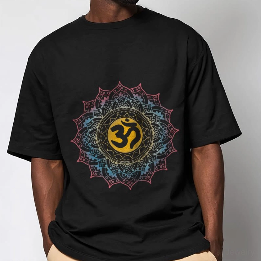 Men wearing black mandala OM Buddhist graphic t-shirt, back view showing crew neck and relaxed fit