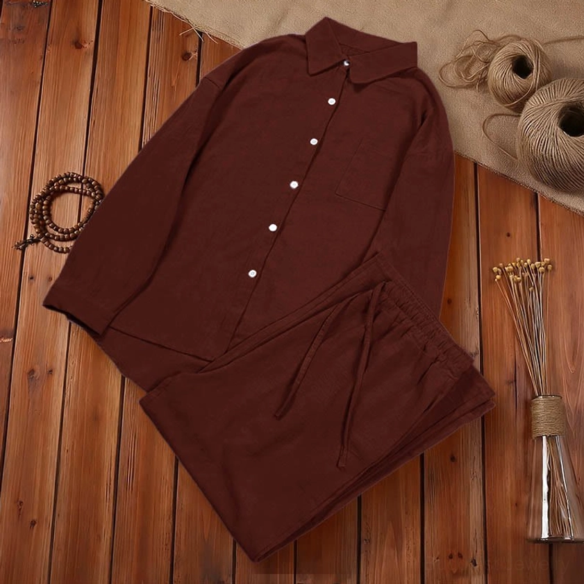 Black women's meditation cotton loungewear two-piece set front display