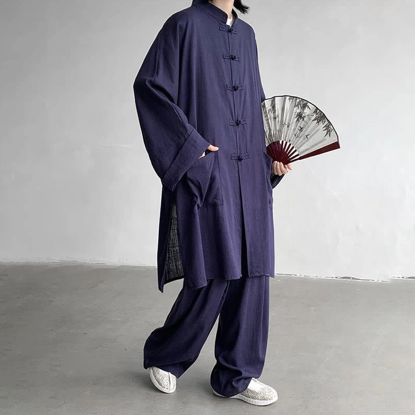 Black men's Buddhist meditation clothing three-quarter view with wide-leg pants and comfortable fit