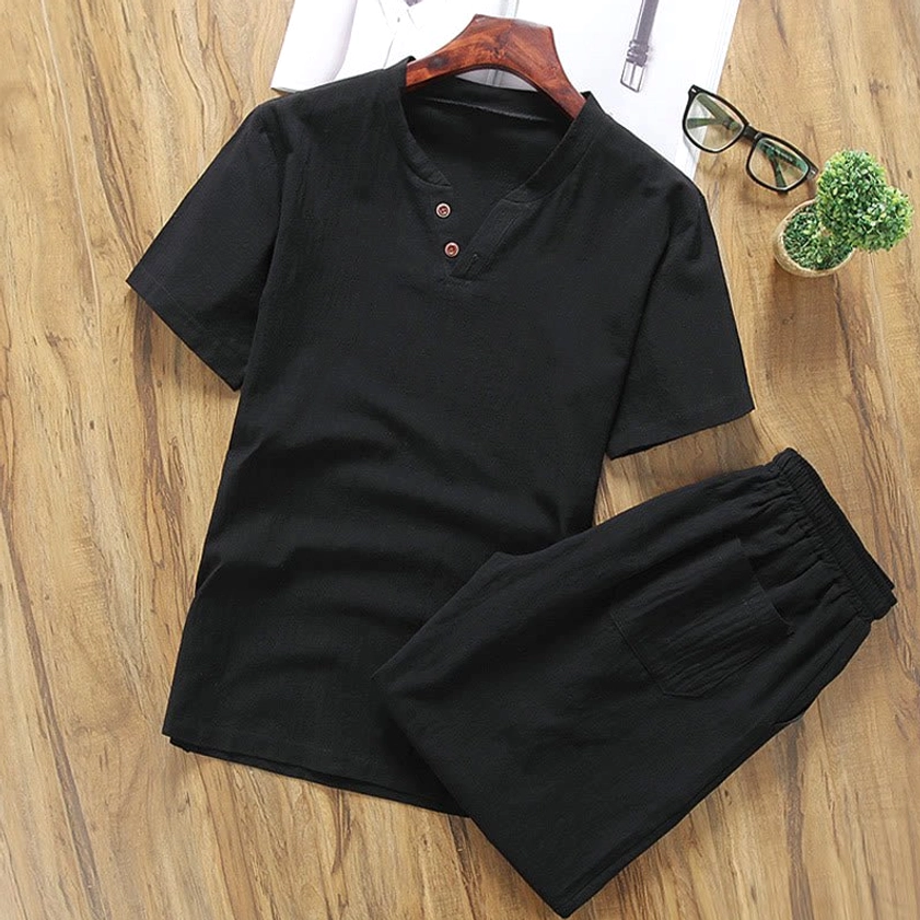 Black men's mindful henley shirt and shorts set casual meditation wear