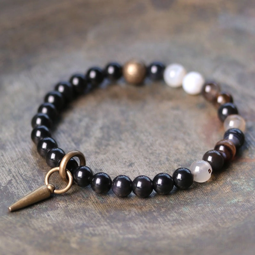 Black Obsidian and Agate couples bracelet with copper spike pendant accent