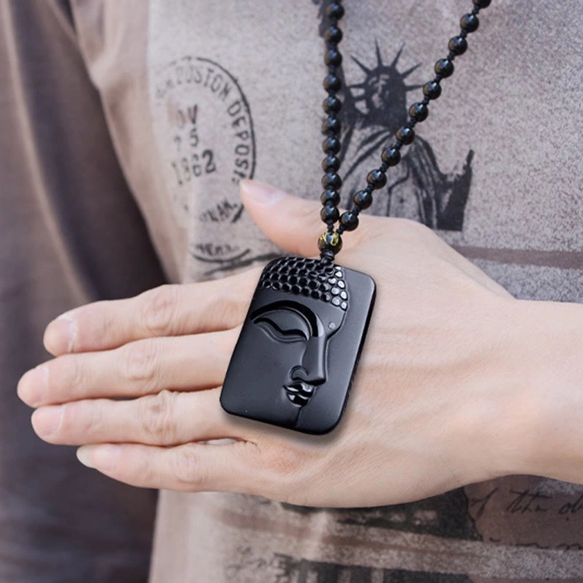 Black Obsidian Buddhist Pendant Necklace - Full product presentation showing complete adjustable beaded necklace with carved Buddha face pendant