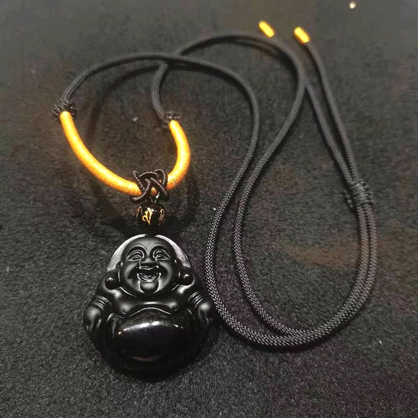 Black obsidian Buddha pendant necklace with black woven rope cord