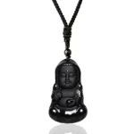 Black obsidian Buddha pendant necklace with woven cord on white background - front flat view