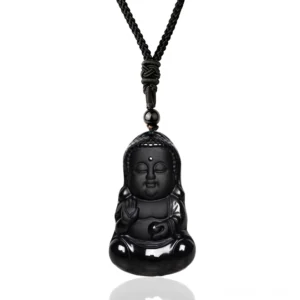 Black obsidian Buddha pendant necklace with woven cord on white background - front flat view