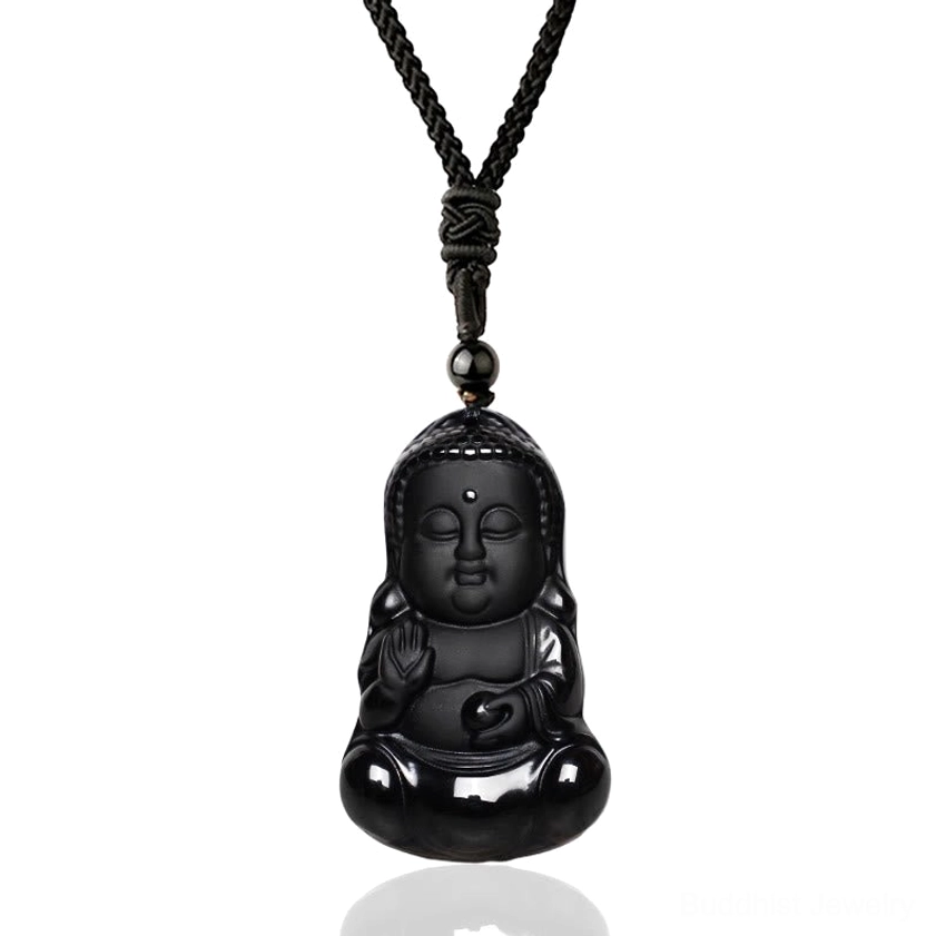 Black obsidian Buddha pendant necklace with woven cord on white background - front flat view