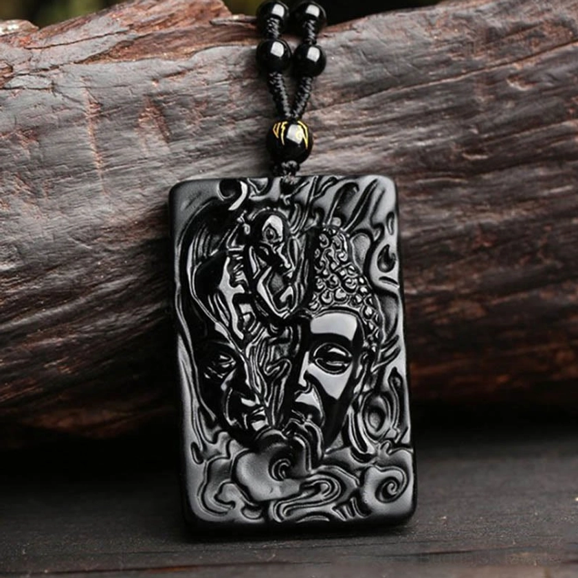 Black Obsidian Buddha Devil Pendant Necklace - Front View Close-Up with Dual-Face Carved Design