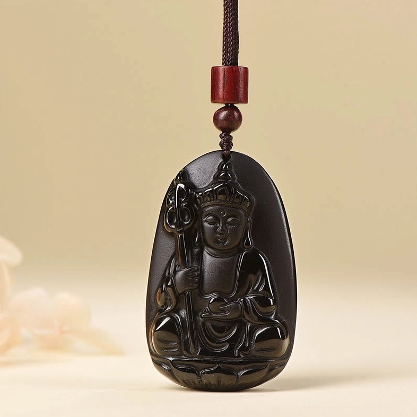 Black obsidian Buddha pendant necklace with woven cord chain and natural finish