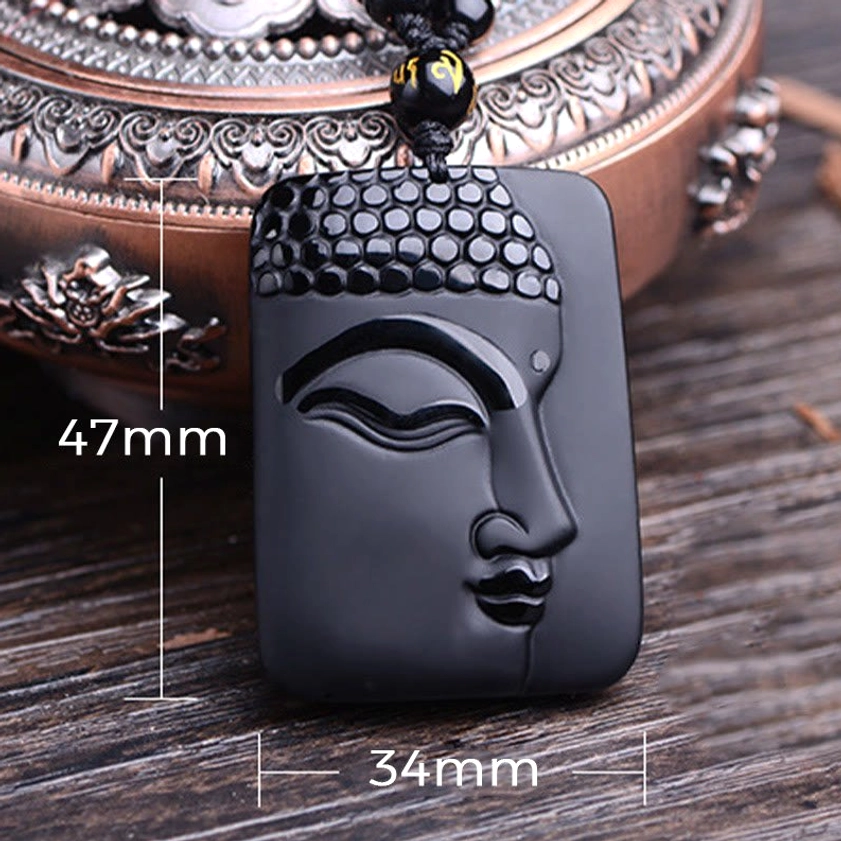 Black Obsidian Buddha Pendant Size Reference - Front close-up with dimensions marked at 47mm height and 34mm width showing pendant scale