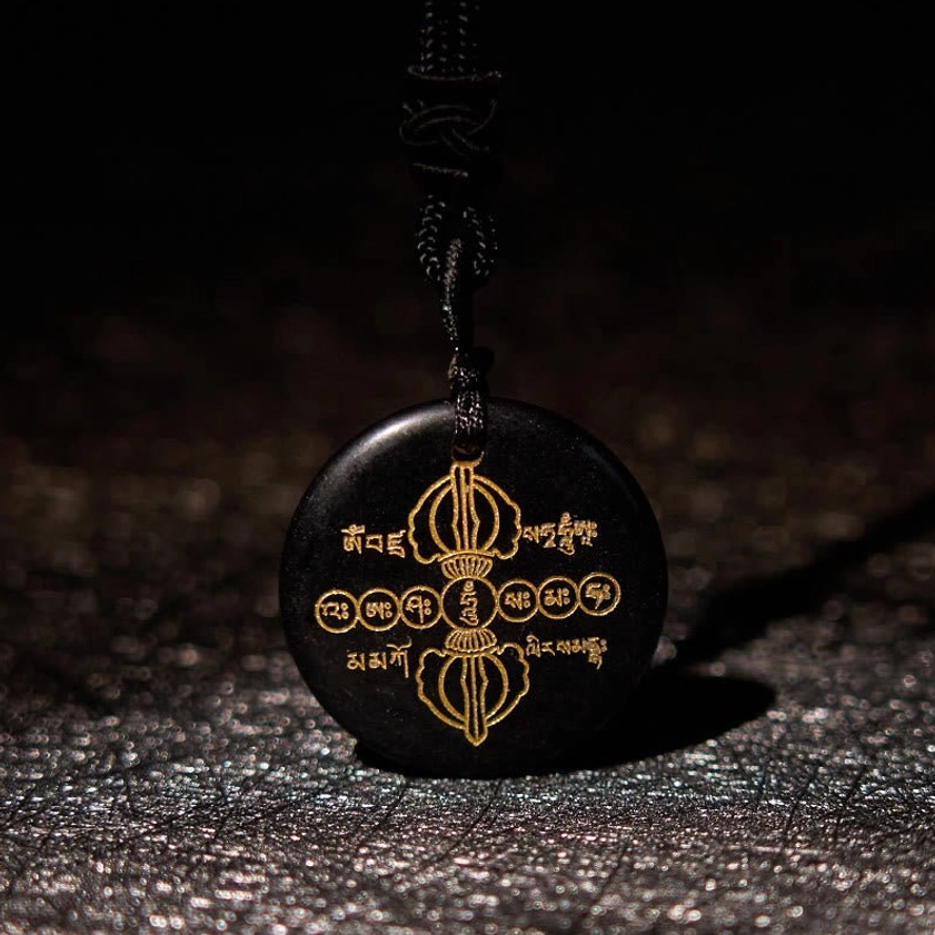 Round Black Obsidian Buddhist Necklace with Sacred Vajra Dorje Symbol - Grounding Crystal Pendant