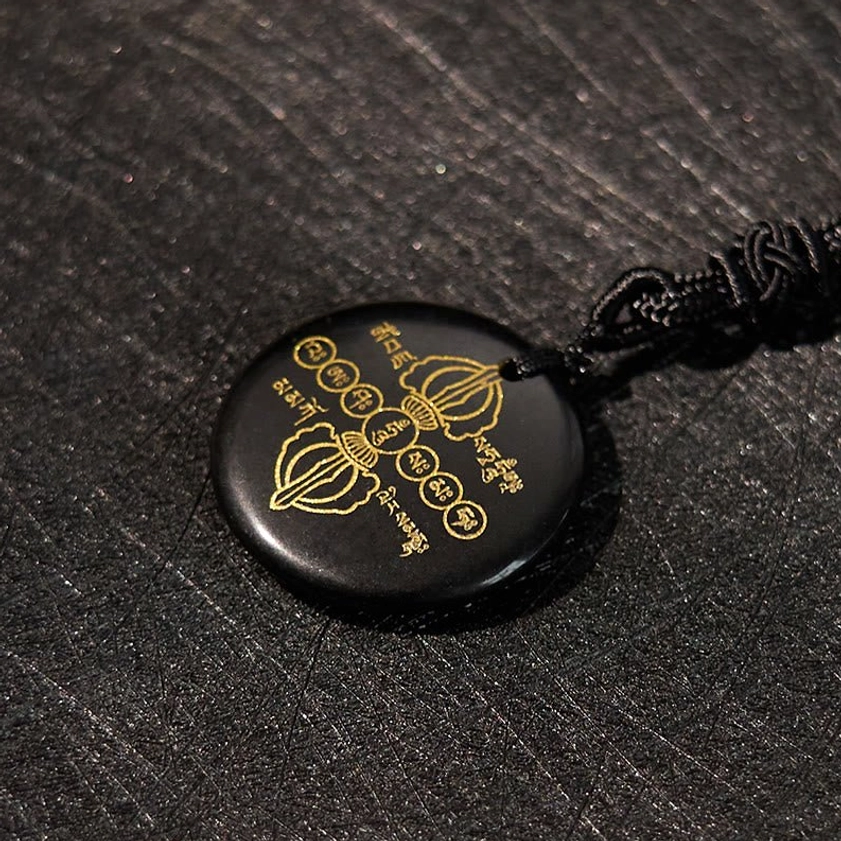 Buddhist Necklace Pendant Reverse Side with Gold Sanskrit Symbols - Black Obsidian Grounding Stone