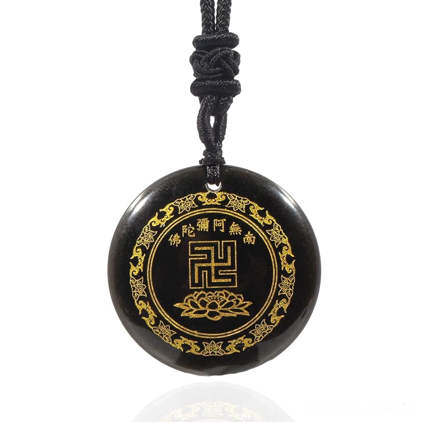 Black obsidian protection pendant with full gilded Buddhist symbols and braided necklace cord