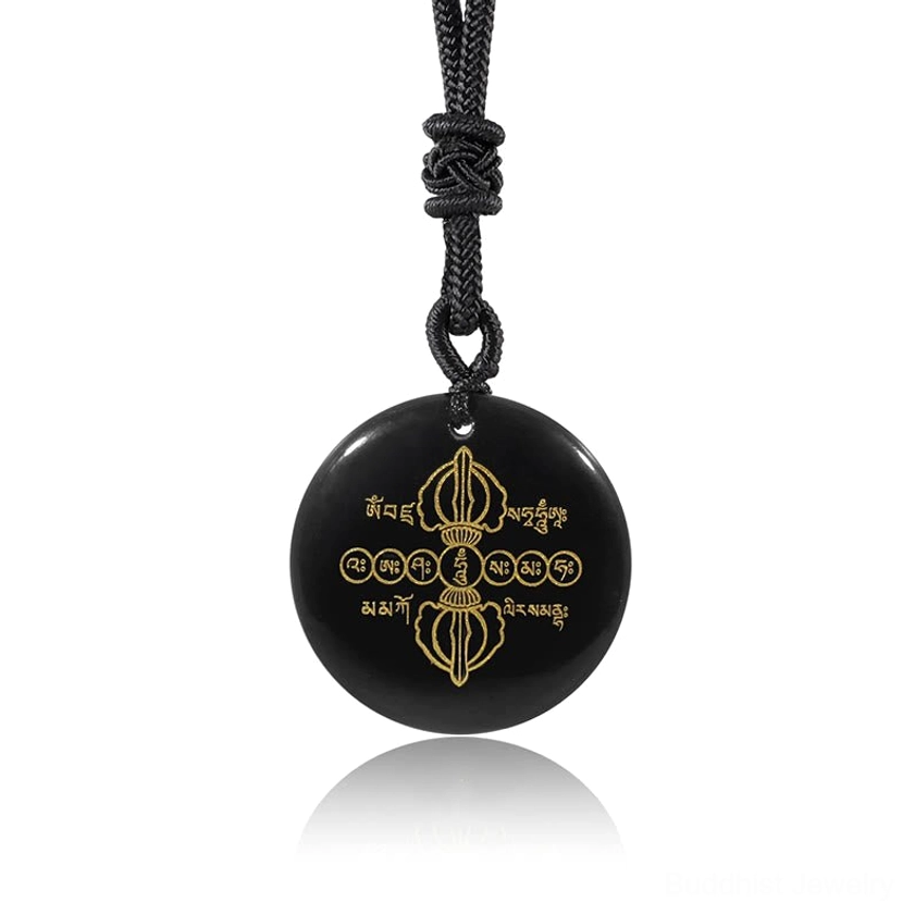 Black Obsidian Buddhist Pendant Necklace with Vajra Dorje - Spiritual Protection Crystal