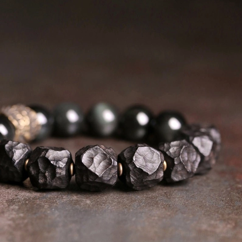 Black obsidian ebony wood copper couple bracelet - complete product image for size reference and gift presentation