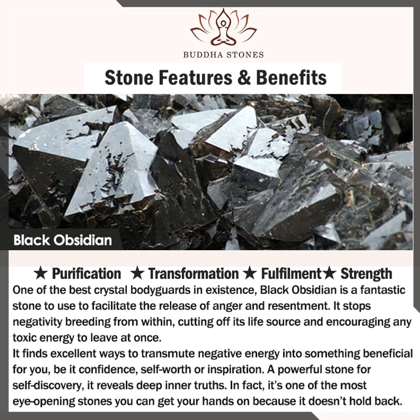 Black Obsidian crystal healing stone information and benefits guide with Buddha Stones branding