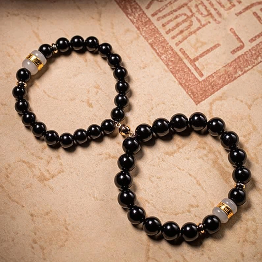 Black obsidian and jade om mani padme hum couples bracelet in 8mm and 10mm mixed bead sizes, demonstrating premium sizing options