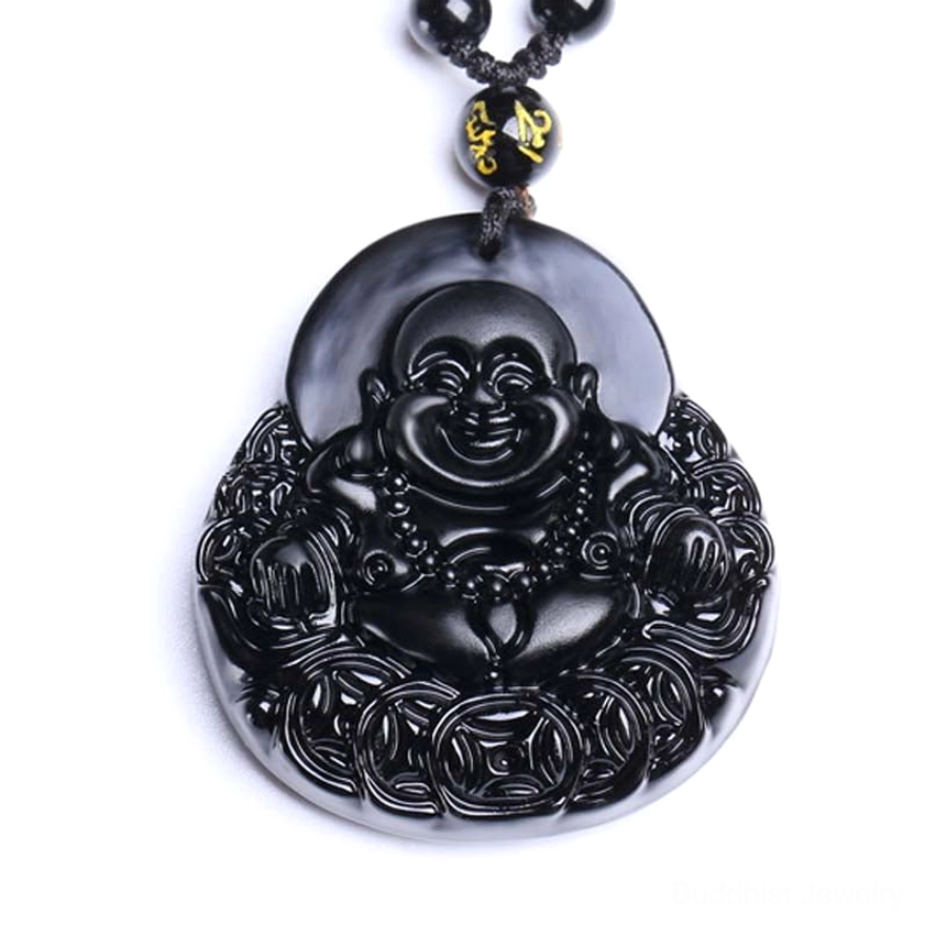 Single black obsidian laughing Buddha pendant with carved Buddha and prosperity coin design - front centered close-up