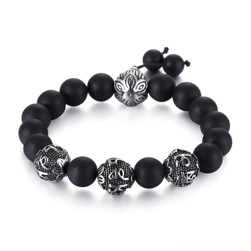Black obsidian healing bracelet with Om Mani Padme Hum mantra beads for spiritual protection and clarity