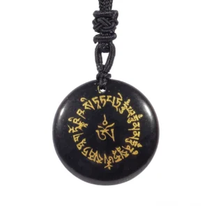 Black Obsidian Buddhist Mantra Prosperity Pendant Necklace with Golden Sanskrit Engraving - Front View