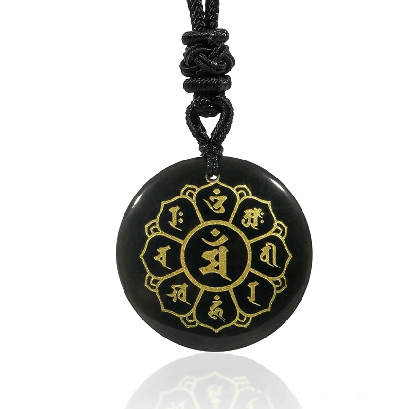 Round Black Obsidian Om Mani Padme Hum Buddhist necklace pendant with gold engraved Sanskrit mantra and woven cord