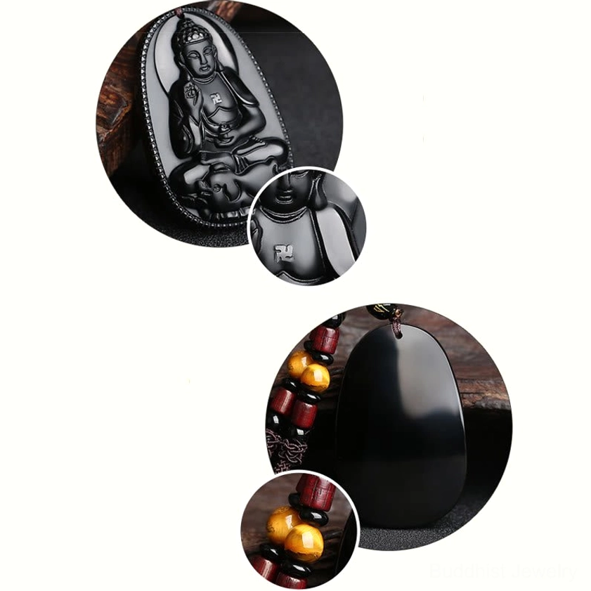 Black obsidian Buddhist pendant close-up details showing multiple angles of carved Buddha and beaded components