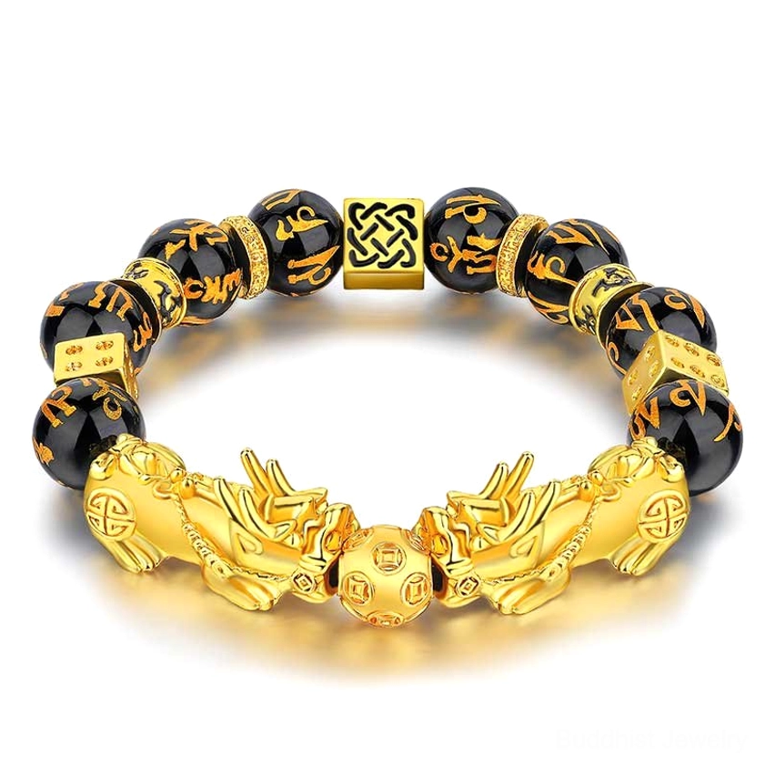 Black obsidian double Pixiu wealth bracelet with engraved Om Mani Padme Hum Sanskrit beads and golden charms on white background - front view