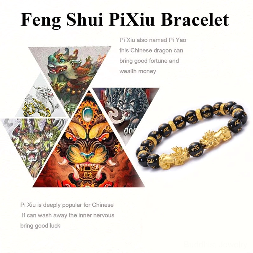 Black Obsidian Buddhist Pixiu bracelet with Om Mani Padme Hum mantra premium quality handmade