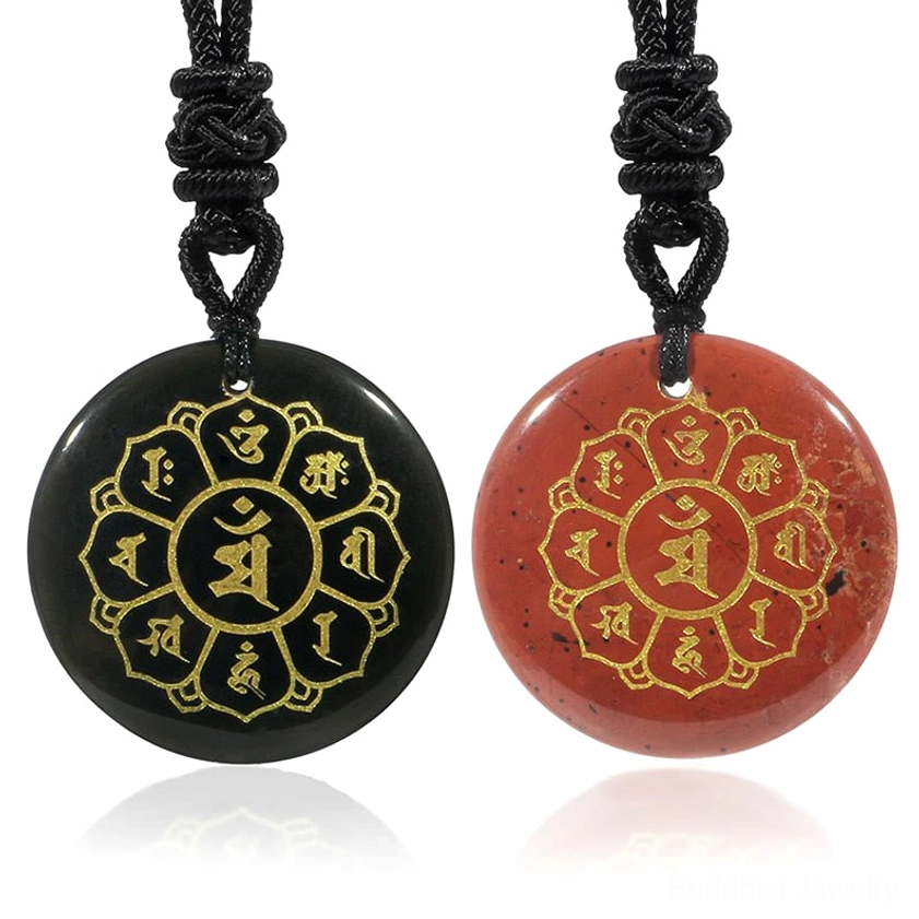 Two matching Buddhist necklace pendants - Black Obsidian and Red Agate Om Mani Padme Hum with identical gold Sanskrit engravings