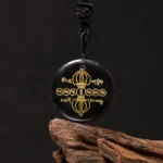 Black Obsidian Vajra Dorje Buddhist Pendant Necklace with Gold Sanskrit Engravings - Spiritual Protection