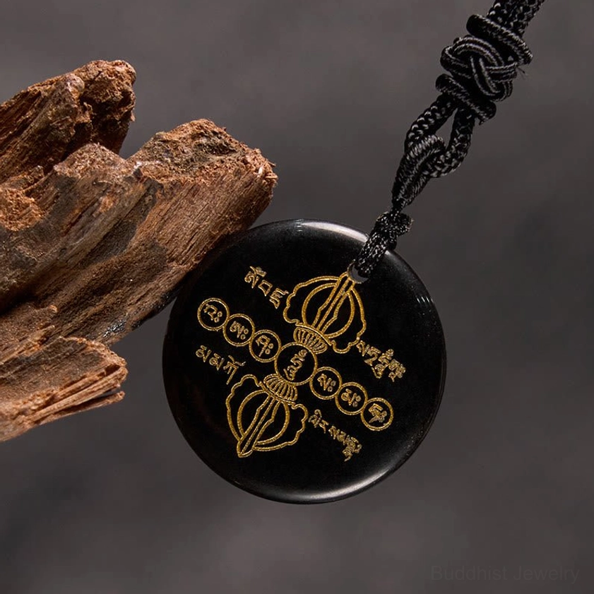 Vajra Dorje Obsidian Pendant Side View - Buddhist Spiritual Necklace with Gold Engravings