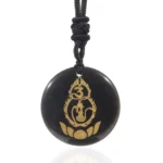 Black Obsidian Vajra Protection Mantra Gourd Lotus Pendant Necklace - Buddhist Crystal Jewelry