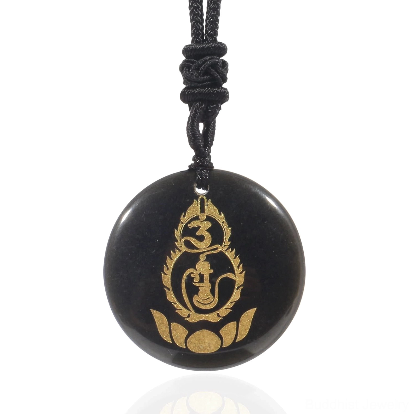 Black Obsidian Vajra Protection Mantra Gourd Lotus Pendant Necklace - Buddhist Crystal Jewelry