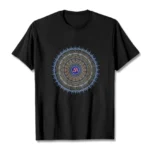 Black OM mandala graphic t-shirt flat lay front view, sacred Buddhist symbol design on premium cotton